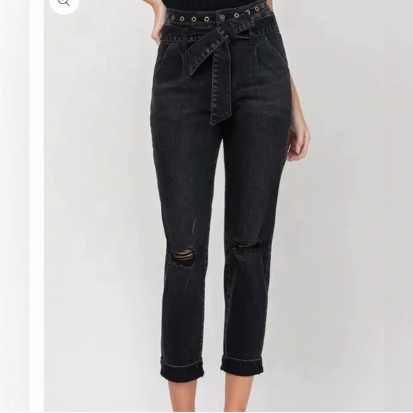 Vervet 29 Black Erika Stretch Mom Jeans | High Waist | Distressed | Tie Waist - Picture 11 of 16